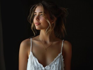 A young brunette woman gazes thoughtfully to the side, illuminated softly against a dark background. Her expression is serene and contemplative.