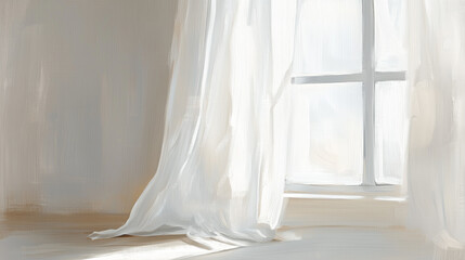 Minimalist art style window with sheer curtains and soft light