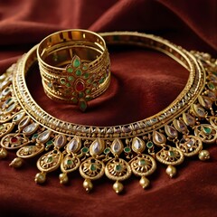 Naklejka premium Close-up of a traditional Indian bridal gold jewelry set with intricate designs, including necklace, earrings, and bangles, displayed on a velvet background,Generative Ai 