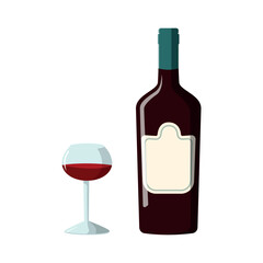 Vector set of glass and bottle with red wine, cartoon flat illustration. Isolated on white background.
