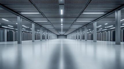 Fototapeta premium Modern server room; sleek, metallic, brightly lit.