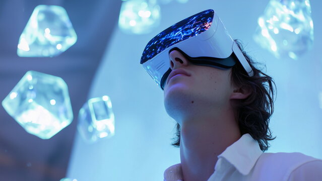 A young man wearing virtual reality goggle immerse in a world with blue holographic images