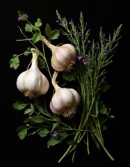 A bunch of garlic and some purple flowers on a black background