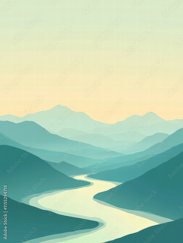 Poster majestic mountain range with a winding river flowing through minimalist landscape template for text 
