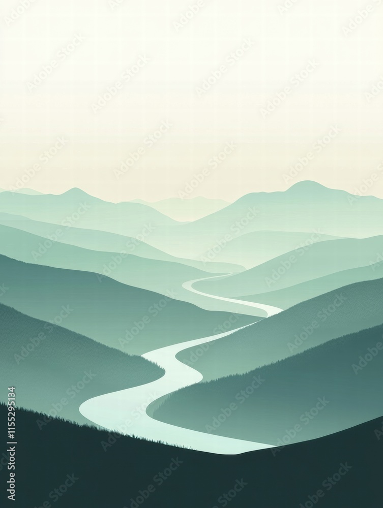 Aufkleber majestic mountain range with a winding river flowing through serene landscapes in a minimalist setti