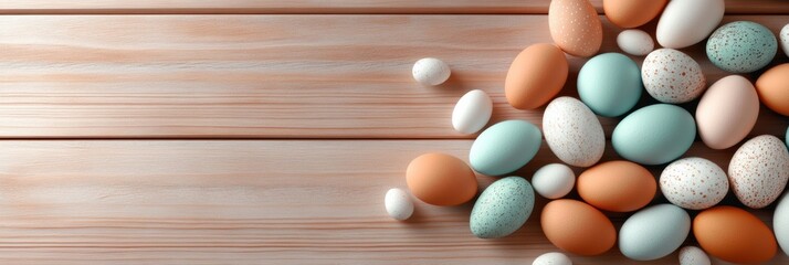 A vibrant array of beautifully and creatively decorated pastel Easter eggs is artfully placed on a rustic wooden surface, symbolizing the joy and celebration of the delightful Easter festivities