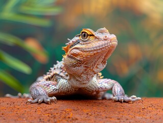 Obraz premium A colorful lizard with ornate skin markings crawls on red earth, surrounded by blurred foliage in a vibrant natural setting.