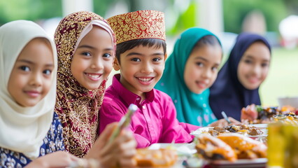 Malay children in traditional clothing, baju kurung, baju melayu, songkok, hijab, eating during the festival season Hari Raya