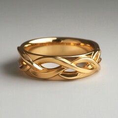 Elegant gold infinity knot ring on subtle gray background