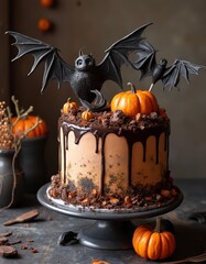 A chocolate cake with a bat on top of it