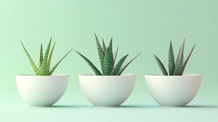 Fototapeta premium Three potted plant in minimalist white bowls against a soft green background.