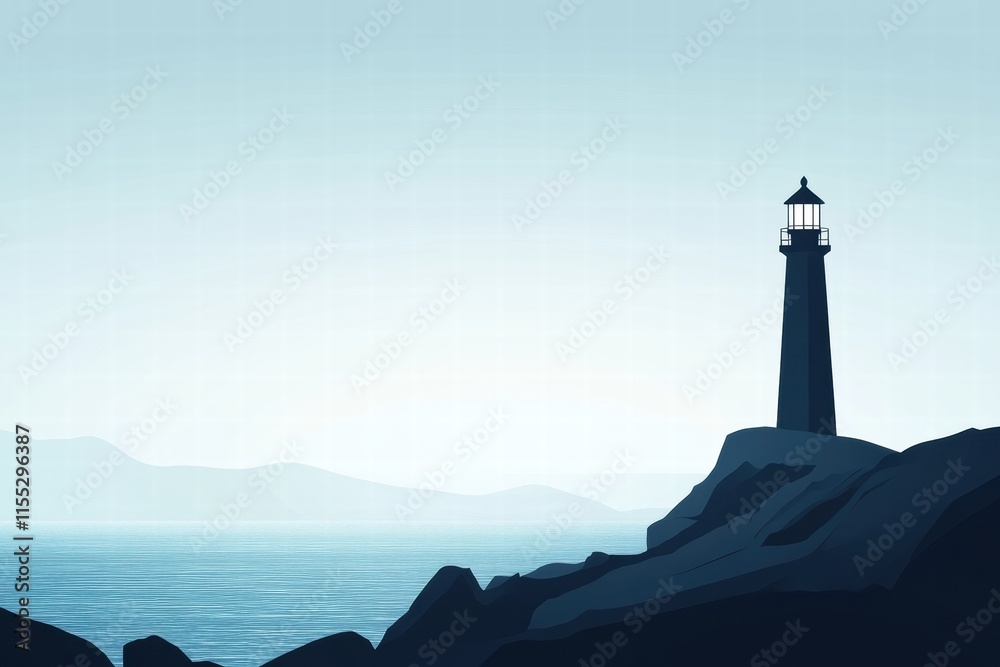 Poster silhouette of a lighthouse on a rocky coast under a serene sky with ample space for text. generative