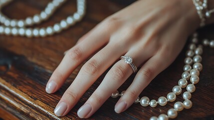 A woman's hand with a diamond ring on it is laying on a wooden table