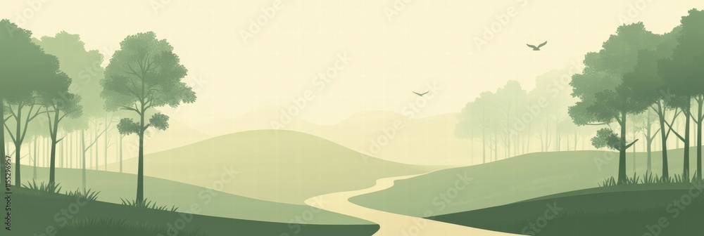 Poster Winding minimalist forest path into the distance surrounded by soft trees and gentle hills creating a serene atmosphere. Generative AI