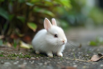 Fototapeta premium Adorable white baby rabbit exploring a garden path, surrounded by greenery
