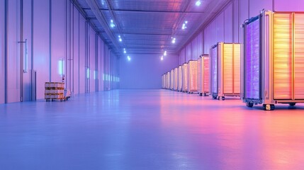 Fototapeta premium Illuminated storage units in a large warehouse.