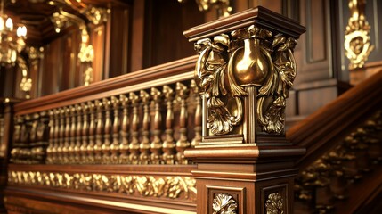 Fototapeta premium Ornate wooden staircase railing with intricate gold detailing and craftsmanship.