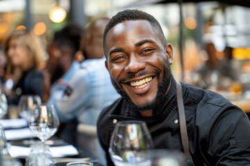 A restaurant business manager, smiling warmly, is engaged in a conversation at an outdoor dining area, creating an inviting and friendly atmosphere.