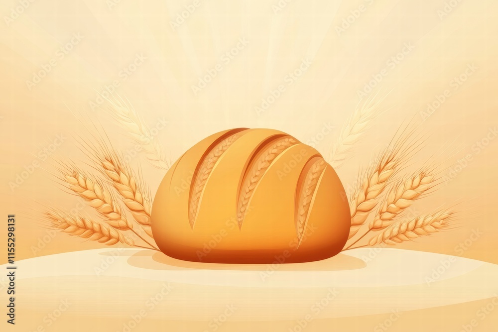 Aufkleber Rustic minimalist bread loaf surrounded by wheat grains on a soft beige background with copy space for text. Generative AI