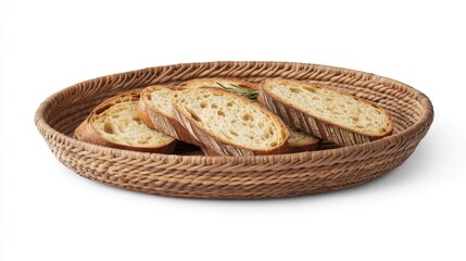 Obraz premium Freshly Sliced Artisan Bread on Rustic Woven Basket with Simple Presentation Ideal for Culinary Photography and Food Blogging