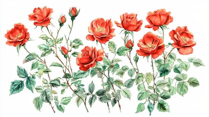 Vibrant Red Roses with Green Leaves in Elegant Botanical Arrangement