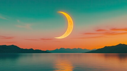 Tranquil Evening Landscape with Crescent Moon over Calm Waters and Majestic Mountains at Sunset, Vibrant Sky in Soft Orange and Teal Hues