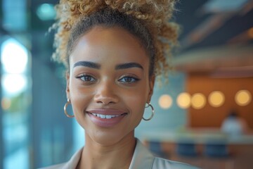 A smiling designer stands in an office space with a modern interior. The atmosphere is professional and inviting, reflecting a multicultural environment.