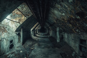 Abandoned coal mine ventilation tunnel interior slung derelict forsaken outcast