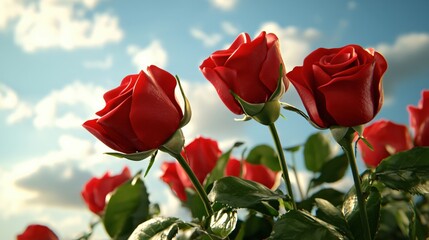 Obraz premium Vibrant Red Roses Blooming Against a Blue Sky Background