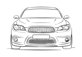 Minimalist Continuous Line Art of a Car Front View with Detailed Headlights, Grille, and Windshield