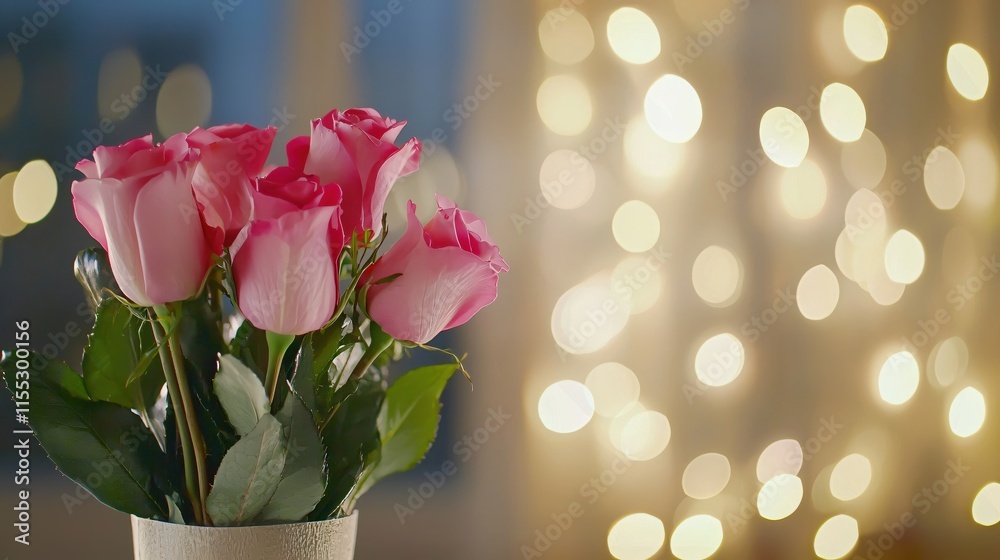 Aufkleber pink roses in a white vase with soft bokeh background
