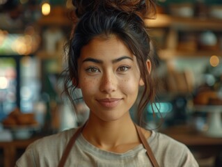 A confident female barista with a gentle smile stands behind the counter in a cozy coffee shop, surrounded by warm lighting and rustic decor.