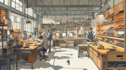 Naklejka premium a shoe manufacturing workshop with intricate detailing, workers assembling footwear, and tools neatly organized. 