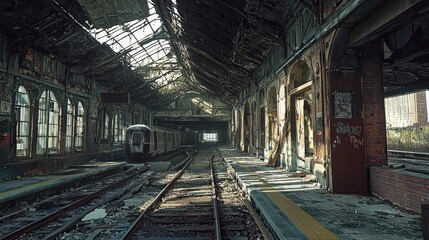 Obraz premium Abandoned train station interior slung derelict forsaken outcast
