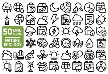 50 set icons of nature and ecology. contains weather, season, eco, nature, cloud, snowflakeand etc