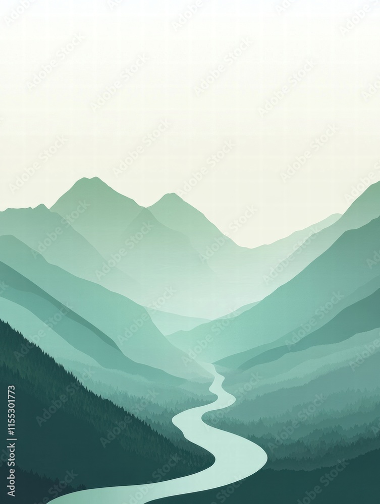 Aufkleber Explore a serene mountain range featuring a winding river under a tranquil sky in minimalist style. Generative AI