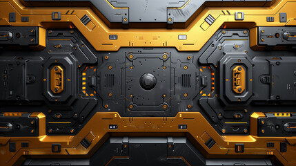 Close-up of a futuristic sci-fi industrial metal panel featuring bold yellow accents