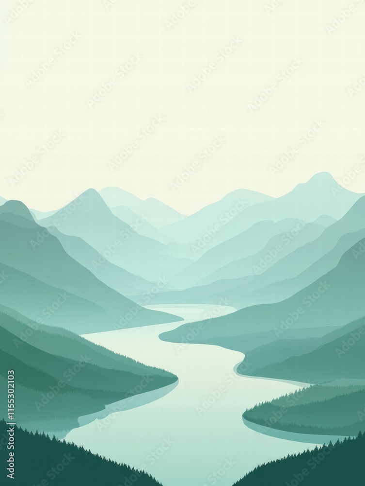 Aufkleber Winding river flows through tranquil mountain range with minimalist design and ample space for text. Generative AI