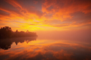 Misty landscape sunset lake river sky colors reflection