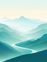 Fototapeta premium Winding river flows through serene valley surrounded by distant mountain ranges by dusk. Generative AI