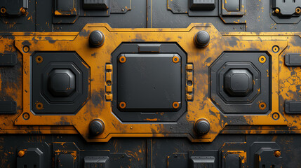 Close-up of a futuristic sci-fi industrial metal panel featuring bold yellow accents