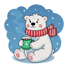 Cute white teddy bear with a cup of hot chocolate