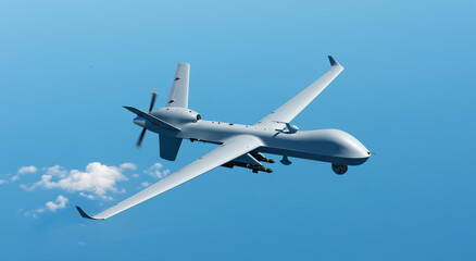 Obraz premium Drone, flying in blue sky for military surveillance or aerial technology. Unmanned aerial vehicle, spy aircraft, remote control airplane for security defense or monitoring