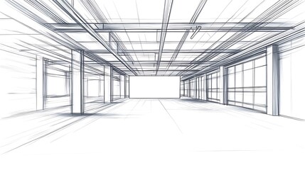 Intricately Drawn Architectural Sketch: Modern Building Interior Design, Wide Perspective. AI Generated