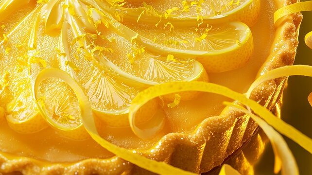High-quality ad of gourmet lemon tart with golden crust and vibrant lemon zest garnish in close-up
