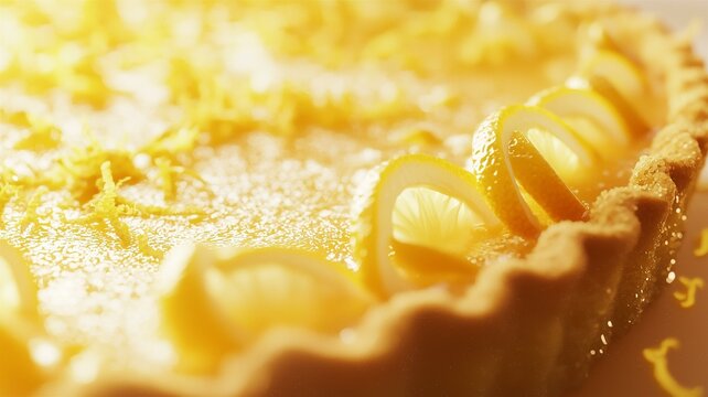 High-quality ad of gourmet lemon tart with golden crust and vibrant lemon zest garnish in close-up
