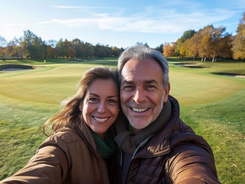 A smiling man and woman take a selfie on a golf course, surrounded by autumn trees under a clear blue sky.