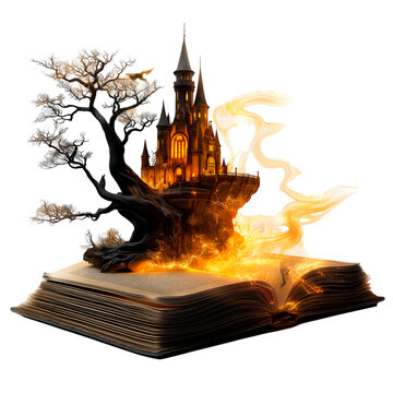 An old, time-worn book with a glowing castle and intricate patterns radiating a mystical light, on a white background."