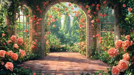 Fototapeta premium Tranquil Garden Pathway Framed by Blooming Roses and Lush Foliage