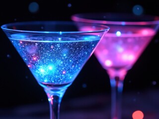Cocktails with glowing liquid with a pink and blue glow. Symbol of the party